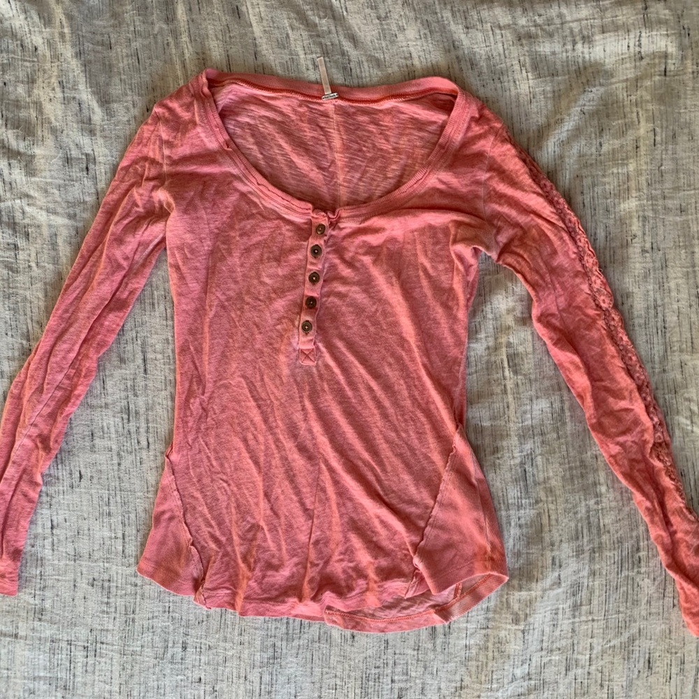 Free people pink lacy sleeved Henley long sleeve
